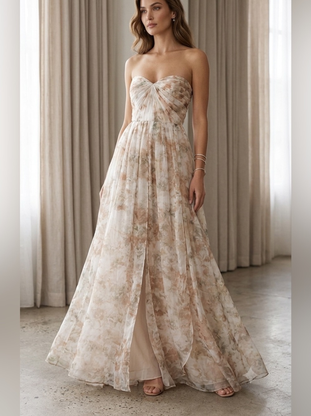 Jenny Yoo Strapless Floral Chiffon Maxi Dress in Beige and Soft Pink  $2400